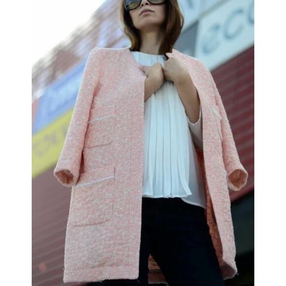 Zara Boucle Overcoat Size Medium Pink Peach Jacquard Shacket Jacket Coat - Picture 5 of 12